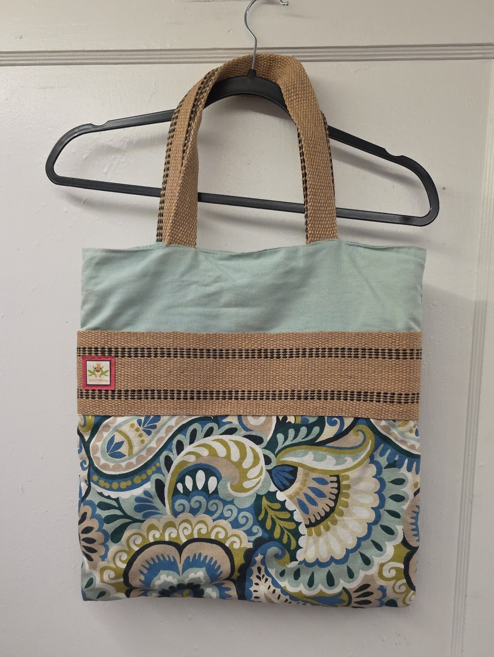 Frog Princess Paisley Tote Bag Blue Green Tan Fabric Shoulder Bag Like New